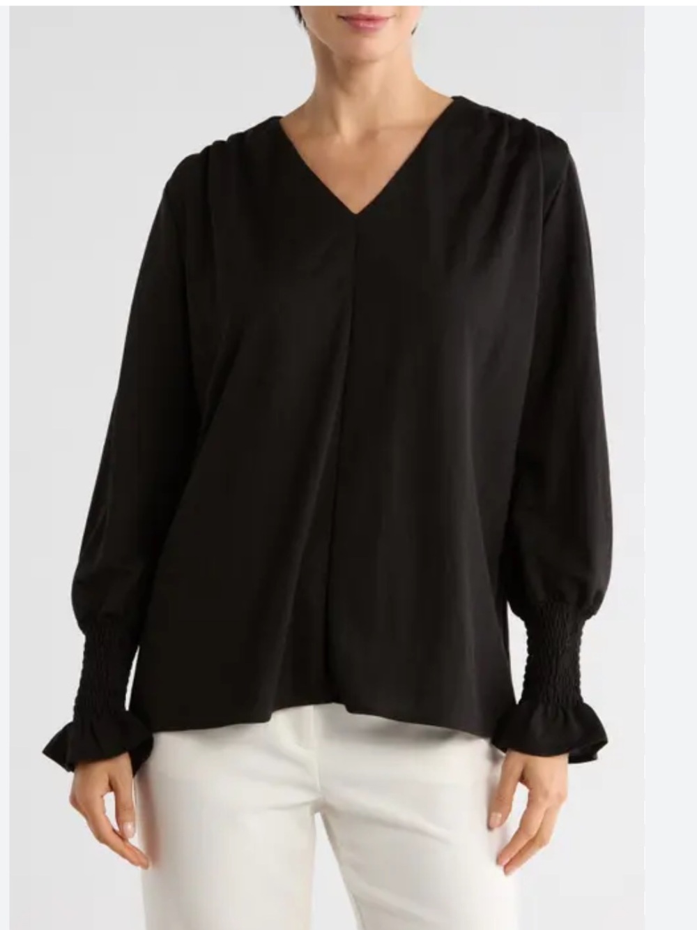 Magaschoni Black V-Neck Smocked Cuff Blouse